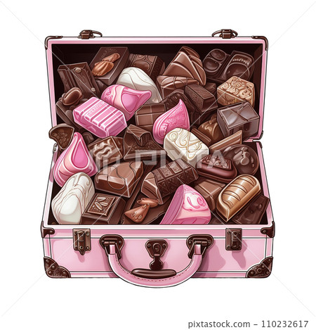 Pink suitcase filled with chocolates and candies. AI generated image 110232617