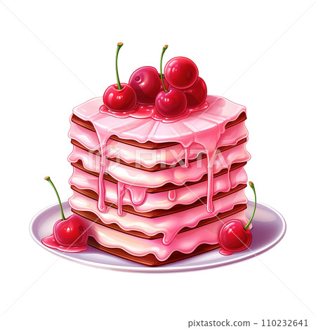 Piece of cake with pink icing and cherries on top. AI generated image 110232641