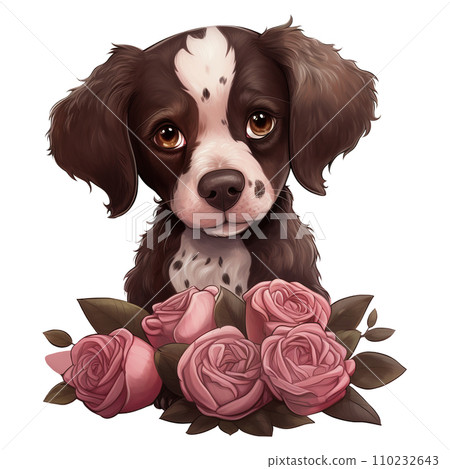 Puppy with pink rose. AI generated image 110232643