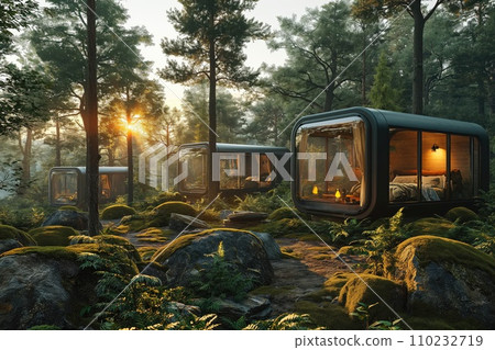 mini hotel, futuristic cabins in the wooded mountains 110232719