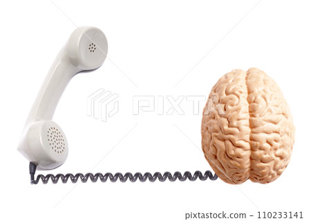 Telephone receiver with human brain anatomical model isolated on white background Telephone receiver with human brain anatomical model isolated on white background 110233141