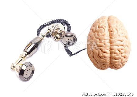 Vintage telephone receiver with human brain anatomical model isolated on white background. Vintage telephone receiver with human brain anatomical model isolated on white background. 110233146