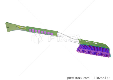 Car brush with a scraper for cleaning the car in winter about snow and ice, isolated on white. 110233148