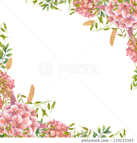Square frame with hydrangea, lagurus, wild oats. Flower, greenery and garden plants. Copy space for text. Watercolor illustration isolated on white. For postcards, greeting design. Square frame with hydrangea, lagurus, wild oats. Flower, greenery and garden plants. Copy space for text. Watercolor illustration isolated on white. For postcards, greeting design. 110233165