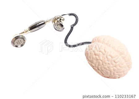 Vintage telephone receiver with human brain anatomical model isolated on white background. Vintage telephone receiver with human brain anatomical model isolated on white background. 110233167