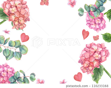 Hydrangea, petal flowers, eucalyptus branches and pink hearts. Hortensia, leaves, love. Horizontal frame with copy space for text. Watercolor illustration isolated on white. Hydrangea, petal flowers, eucalyptus branches and pink hearts. Hortensia, leaves, love. Horizontal frame with copy space for text. Watercolor illustration isolated on white. 110233168
