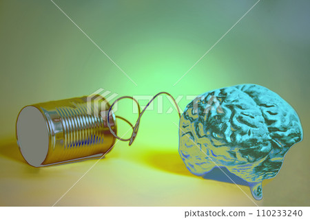 tin can phone with human brain anatomical model. communication concept tin can phone with human brain anatomical model. communication concept 110233240