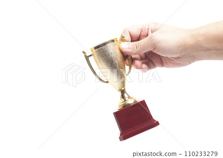 Golden trophy cup In a man's hand isolated on white background. Golden trophy cup In a man's hand isolated on white background. 110233279