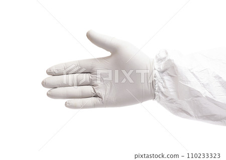 doctor's hand in surgical medical gloves and white coverall suit doctor's hand in surgical medical gloves and white coverall suit 110233323