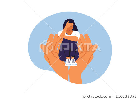 Psychotherapy concept. Person keep in arms unhappy stressed female suffering from depression or mental problem. Helping hands. Vector illustration. Psychotherapy concept. Person keep in arms unhappy stressed female suffering from depression or mental problem. Helping hands. Vector illustration. 110233355