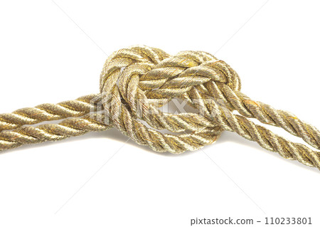 Golden rope tied in a knot isolated on a white background 110233801