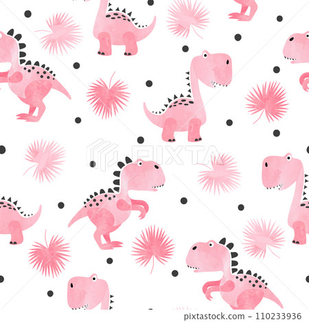 Seamless cute cartoon dinosaurs pattern. Vector watercolor dino background for kids 110233936