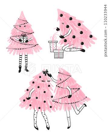 Set of cute Christmas trees as little girls. Merry Christmas vector illustrations Set of cute Christmas trees as little girls. Merry Christmas vector illustrations 110233944
