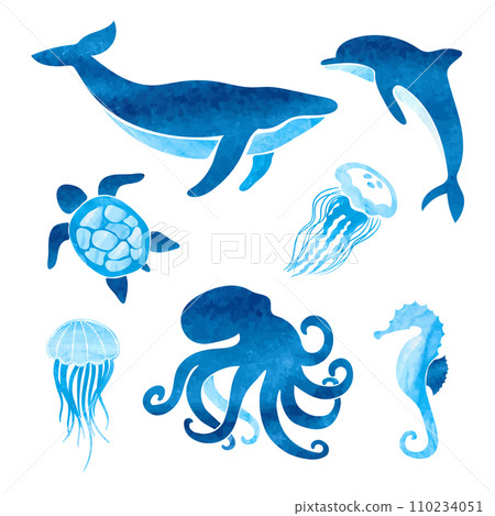 Watercolor sea animals set. Vector marine illustration of whale, dolphin, octopus, turtle, jellyfish 110234051