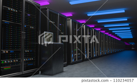 Server room. Server data center. Backup, mining, hosting, mainframe, farm and computer rack with storage information. 3d rendering Server room. Server data center. Backup, mining, hosting, mainframe, farm and computer rack with storage information. 3d rendering 110234057