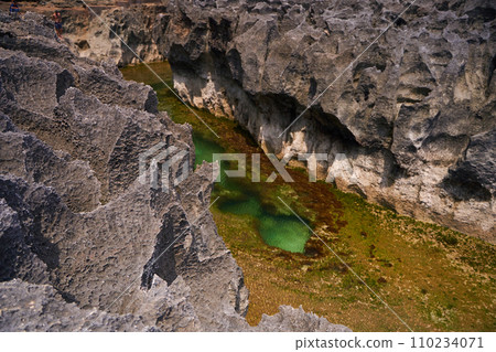 A cliff broken by the wave of the ocean. Natural azure bathing pool in the middle of the rock. A popular tourist spot on the island of Nusa Penida in Indonesia. 110234071