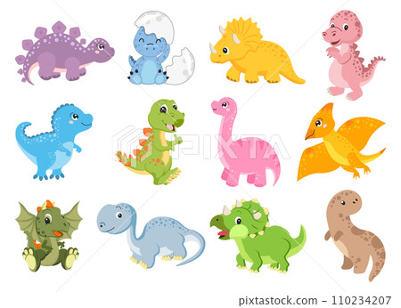 Set of cute funny dinosaurs. Baby print, animal icons, stickers, vector 110234207