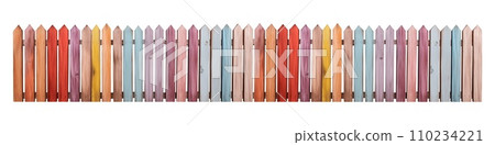 AI-generated content. A set of various wooden fences on a transparent background, featuring long strips of wooden fences painted in different colors. The fencing is designed in a style reminiscent of 110234221