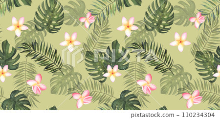 Tropical watercolor seamless background. Jungle pattern with exotic flowers, monstera and palm leaves. Stock Jungle vintage wallpaper, fabric, textile. Tropical watercolor seamless background. Jungle pattern with exotic flowers, monstera and palm leaves. Stock Jungle vintage wallpaper, fabric, textile. 110234304