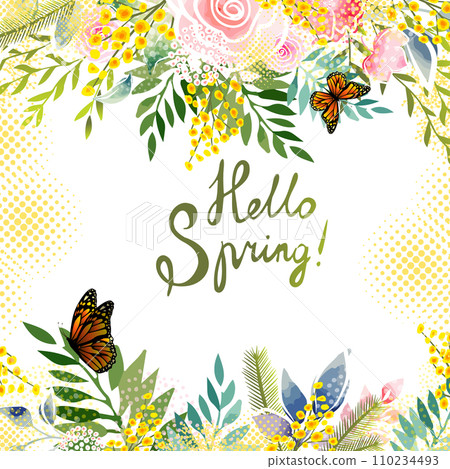 Yellow mimosa, flowers of yellow spots, splashes. Spring wreath of the brightest yellow flowers. Hello Spring . hand drawing. Not AI, 110234493