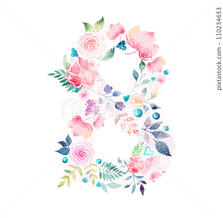 March 8 from watercolor flowers. hand drawing. Not AI . Vector illustration March 8 from watercolor flowers. hand drawing. Not AI . Vector illustration 110234653