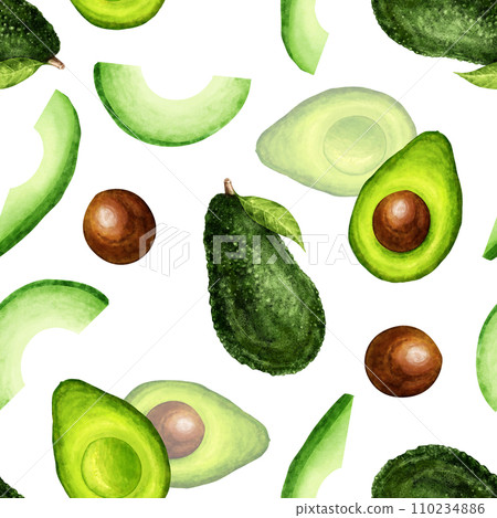Avocado half seamless pattern. Avocado tropical fresh fruit hand draw watercolor illustration. For textile, paper, wallpaper, design. Avocado half seamless pattern. Avocado tropical fresh fruit hand draw watercolor illustration. For textile, paper, wallpaper, design. 110234886