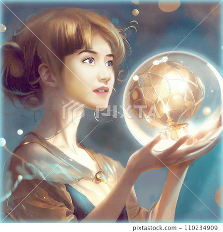 A female fortune teller using a crystal ball with gold leaf A female fortune teller using a crystal ball with gold leaf 110234909