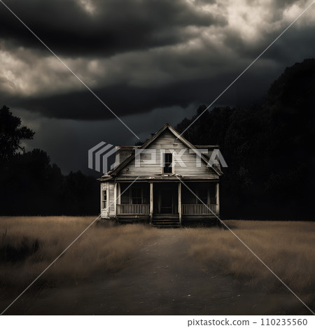 AI-generated content. A spooky house in a field with dark clouds. AI-generated content. A spooky house in a field with dark clouds. 110235560