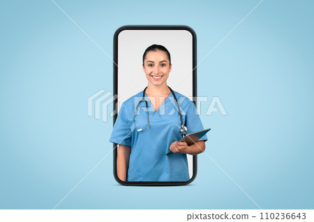 Female doctor with clipboard in giant phone screen 110236643