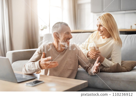 Cheerful senior couple using computer at home Cheerful senior couple using computer at home 110236912