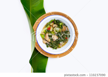 Thai spicy soup with pork skin and vegetables Thai spicy soup with pork skin and vegetables 110237090