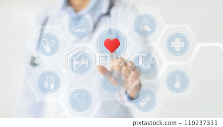 Woman doctor touching virtual screen, telehealth concept Woman doctor touching virtual screen, telehealth concept 110237331
