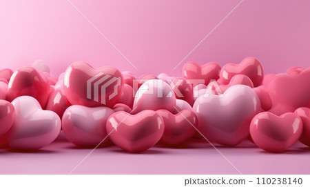 Pink air balloons heart shape on a white background. Concept wedding, valentines day, photo zone, lovers. Banner. Flat lay, top view 110238140