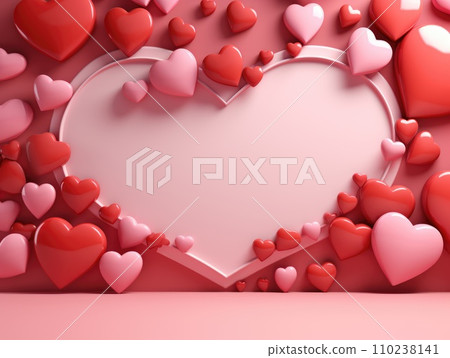 Pink air balloons heart shape on a white background. Concept wedding, valentines day, photo zone, lovers. Banner. Flat lay, top view 110238141