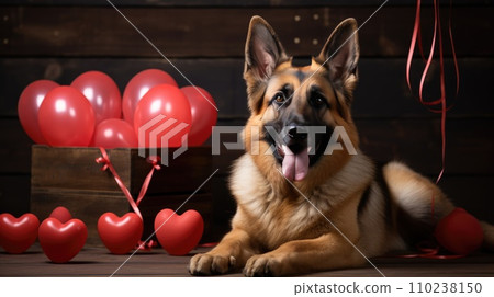 Lovely german shepherd dog with Valentine's day red heart balloons lying on floor of with gift boxes 110238150