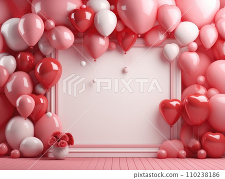Pink air balloons heart shape on a white background. Concept wedding, valentines day, photo zone, lovers. Banner. Flat lay, top view 110238186