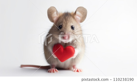 Cute mouse with red heart on white background. Love from hamster. Valentine's Day. 110238190