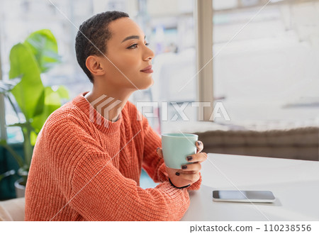 Calm young latin woman with phone with empty screen, enjoy peace and free time Calm young latin woman with phone with empty screen, enjoy peace and free time 110238556