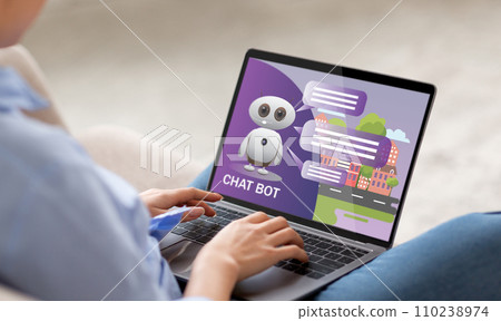 Unrecognizable relaxed lady using chat bot on laptop Unrecognizable relaxed lady using chat bot on laptop 110238974