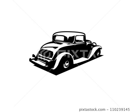 Silhouette of old 1932s ford caupe logo isolated white background view from side. Best for badges, emblems, icons and vintage car industry. 110239145