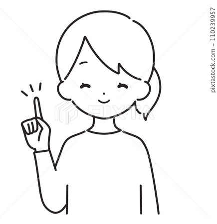 Monochrome｜Woman in plain clothes pointing a finger｜Upper body 110239957