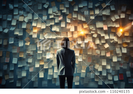 A woman with a note where she wrote an idea. Self management concept for success, growth and goal achievement. "AI image generation" 110240135