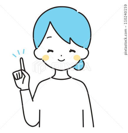 Light blue|Woman in plain clothes pointing with finger|Upper body Light blue|Woman in plain clothes pointing with finger|Upper body 110240159
