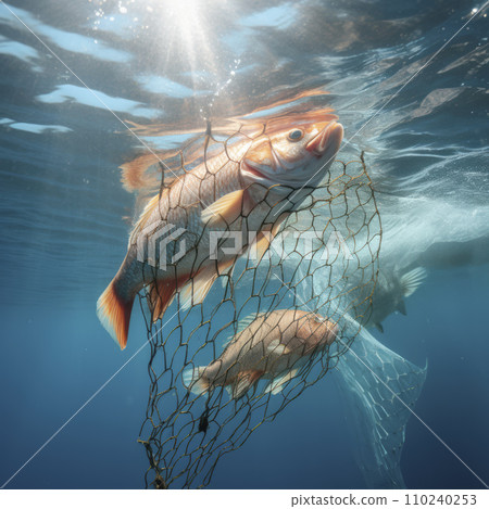AI-generated content. fish ensnared in net under water 110240253