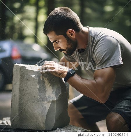 AI-generated content. man sculptor working on block of stone 110240254