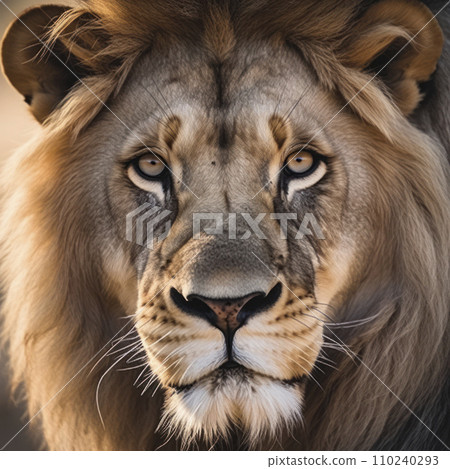 AI-generated content. close-up of large male lion staring at the camera - 110240293