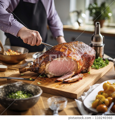 AI-generated content. roast pig pork being cut for dinner 110240360