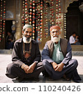 AI-generated content. iran two men sit in front of temple 110240426