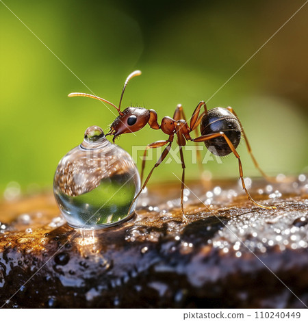 AI-generated content. ant drinking from drop of water 110240449
