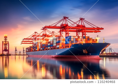 停靠在大型港口的貨櫃船支撐著世界物流的貨物運輸和進出口貿易。 《AI圖像生成》 110240468